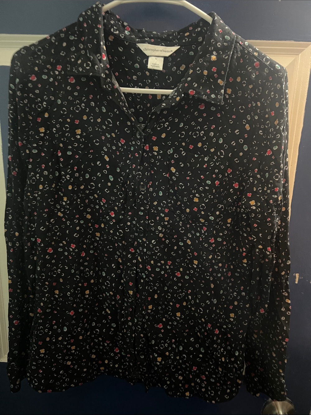 Christopher & Banks Black Button-Down Shirt with red & Yellow Floral Dots